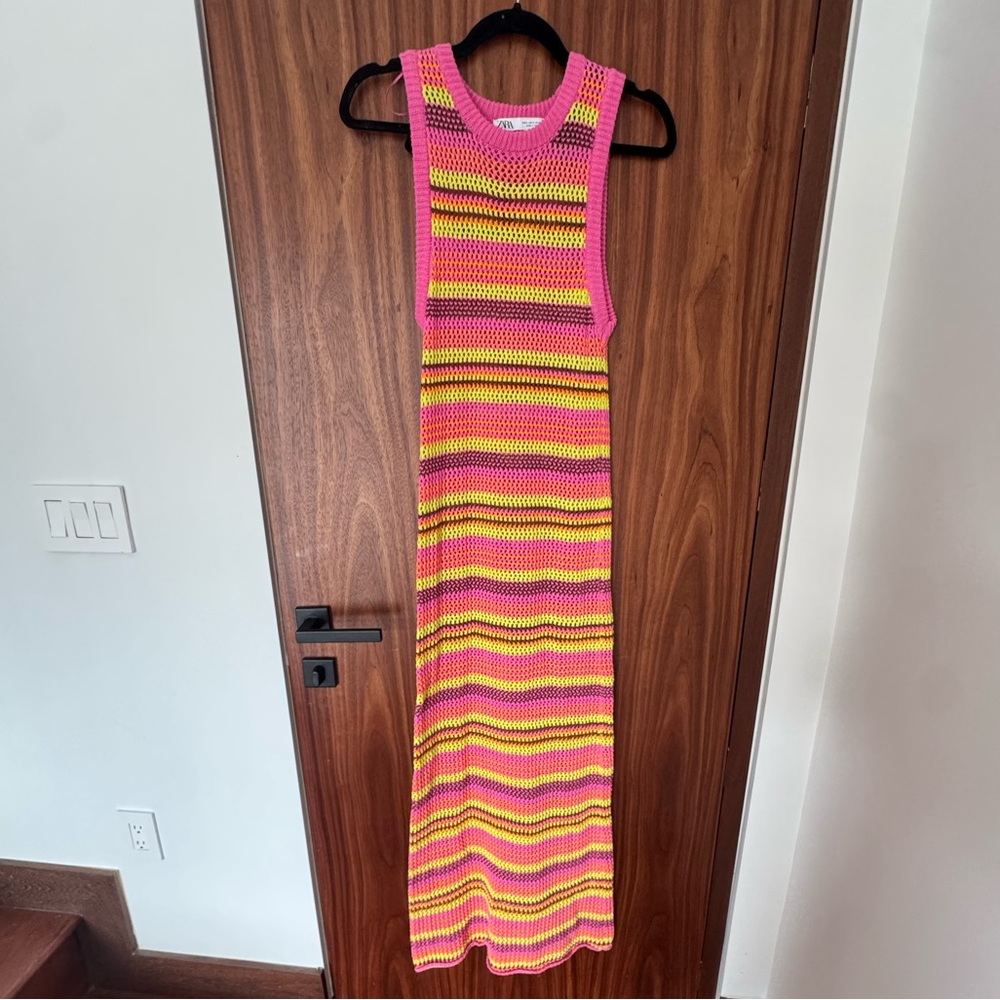 Zara Neon Pink & Yellow Striped Knit Maxi Dress size S